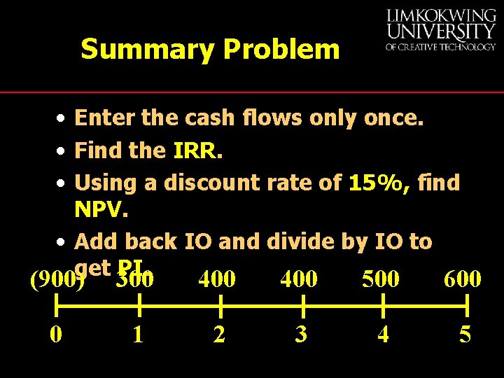 Summary Problem • Enter the cash flows only once. • Find the IRR. •