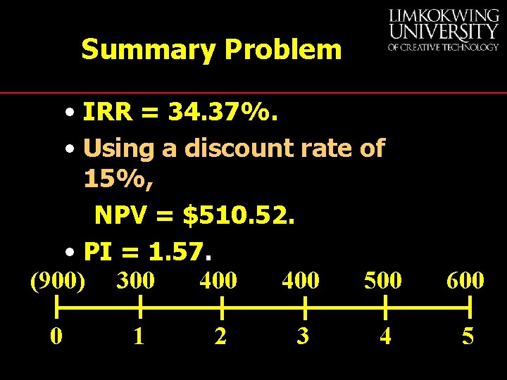 Summary Problem • IRR = 34. 37%. • Using a discount rate of 15%,