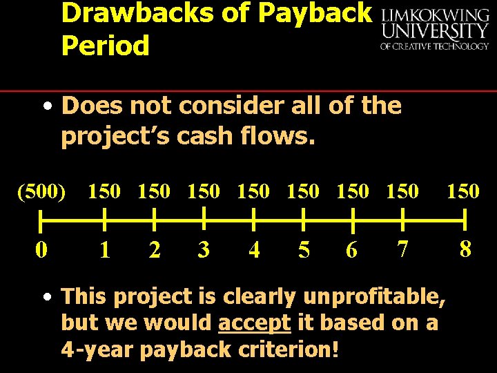 Drawbacks of Payback Period • Does not consider all of the project’s cash flows.