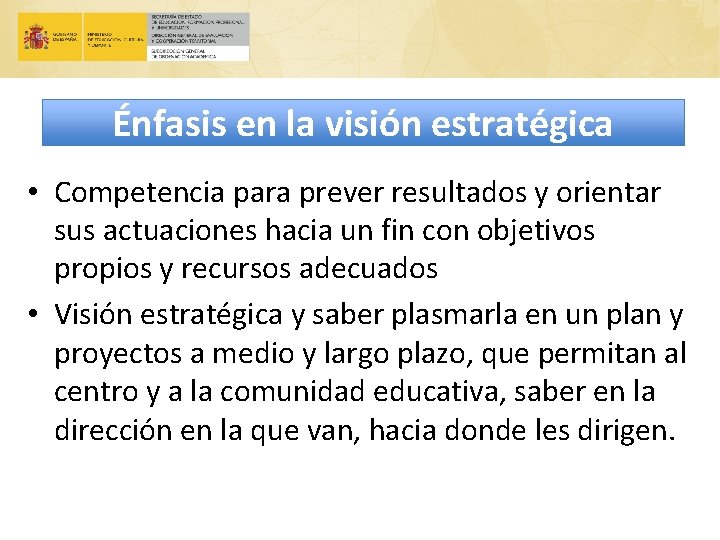 Énfasis en la visión estratégica • Competencia para prever resultados y orientar sus actuaciones