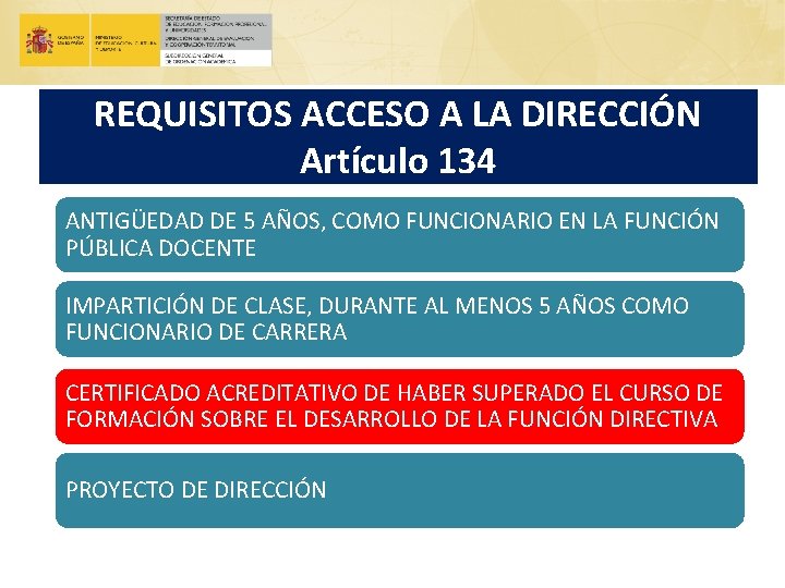 REQUISITOS ACCESO A LA DIRECCIÓN Artículo 134 ANTIGÜEDAD DE 5 AÑOS, COMO FUNCIONARIO EN