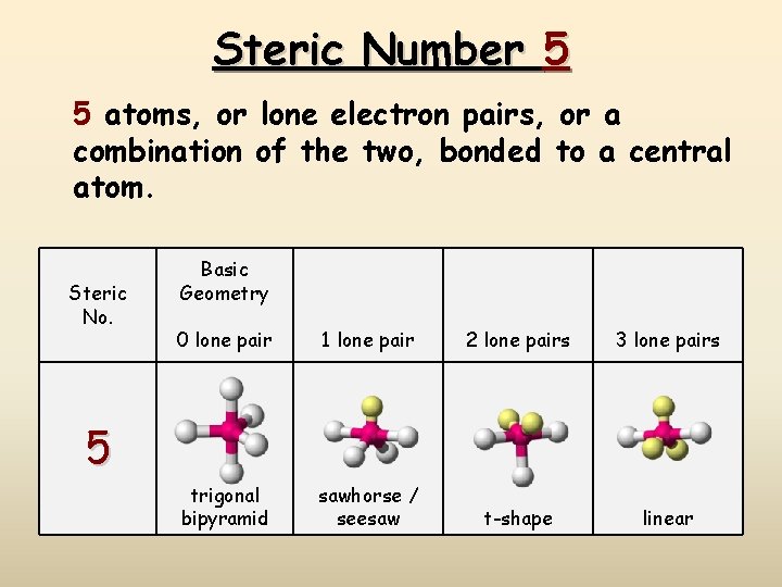 Steric Number 5 5 atoms, or lone electron pairs, or a combination of the