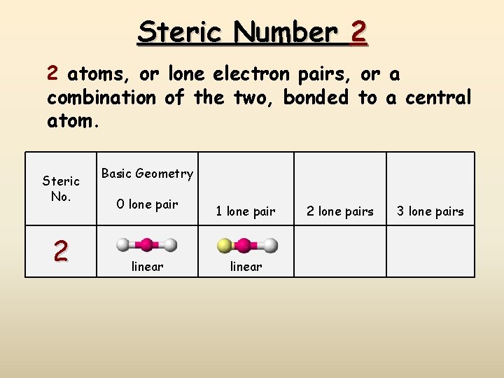 Steric Number 2 2 atoms, or lone electron pairs, or a combination of the