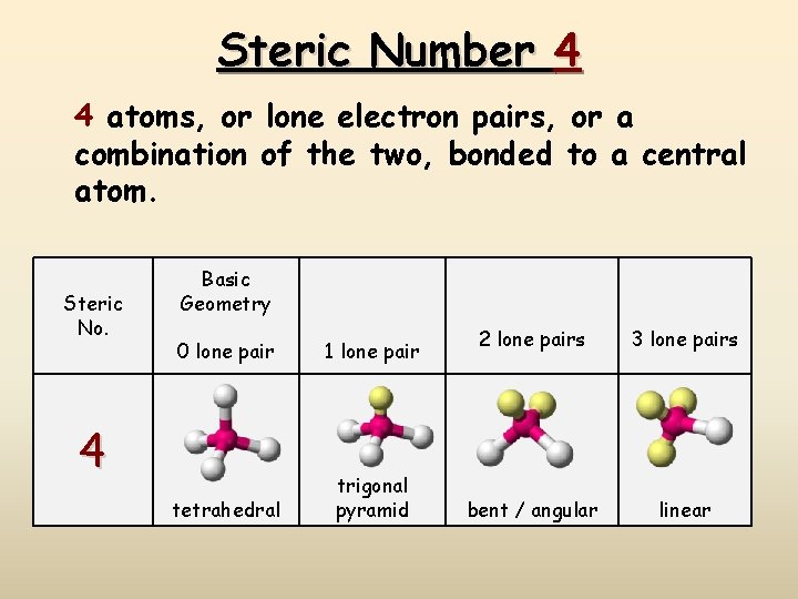 Steric Number 4 4 atoms, or lone electron pairs, or a combination of the