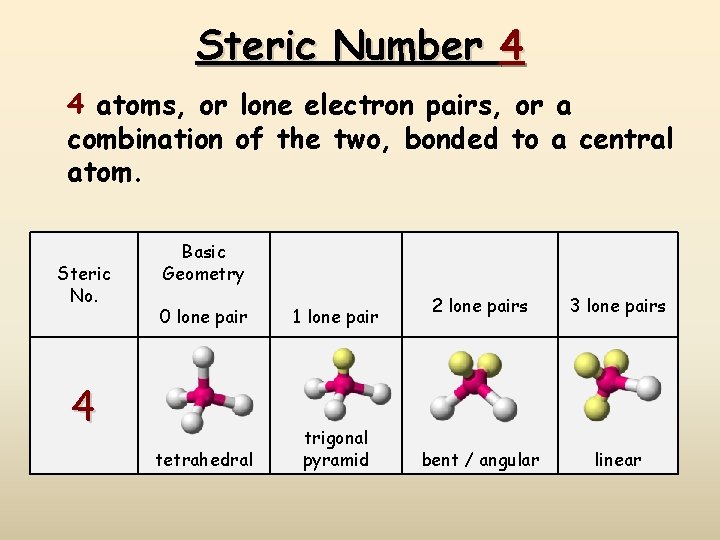 Steric Number 4 4 atoms, or lone electron pairs, or a combination of the