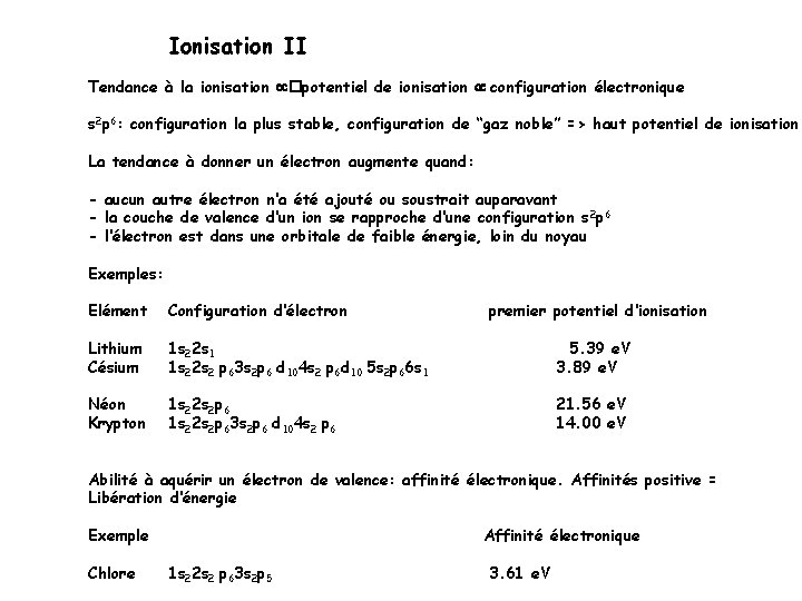 Ionisation II Tendance à la ionisation �potentiel de ionisation configuration électronique s 2 p