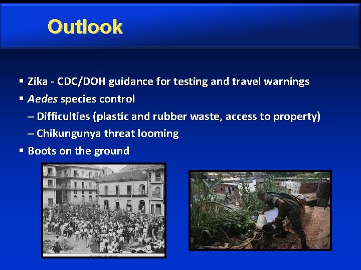 Outlook § Zika - CDC/DOH guidance for testing and travel warnings § Aedes species