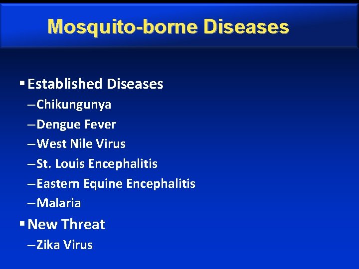 Mosquito-borne Diseases § Established Diseases – Chikungunya – Dengue Fever – West Nile Virus