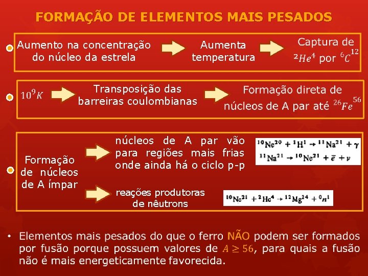 FORMAÇÃO DE ELEMENTOS MAIS PESADOS Aumento na concentração do núcleo da estrela Transposição das