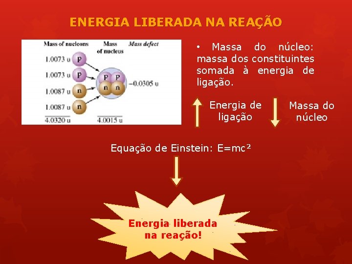 ENERGIA LIBERADA NA REAÇÃO • Massa do núcleo: massa dos constituintes somada à energia