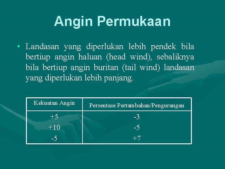 Angin Permukaan • Landasan yang diperlukan lebih pendek bila bertiup angin haluan (head wind),