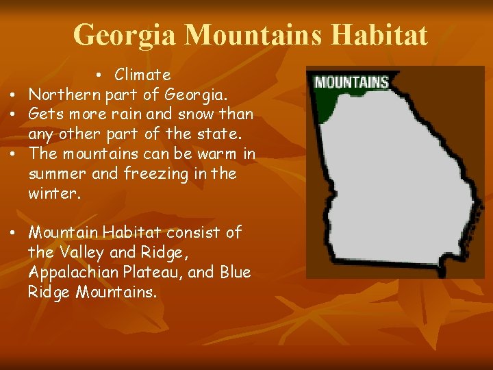Georgia Mountains Habitat • Climate • Northern part of Georgia. • Gets more rain