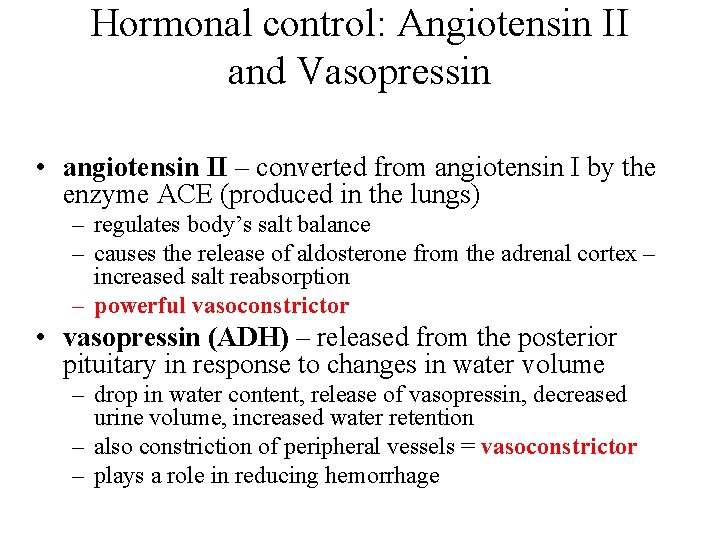 Hormonal control: Angiotensin II and Vasopressin • angiotensin II – converted from angiotensin I