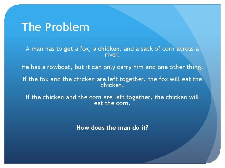 The Problem A man has to get a fox, a chicken, and a sack