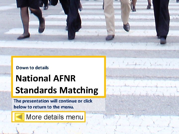 Down to details National AFNR Standards Matching The presentation will continue or click below