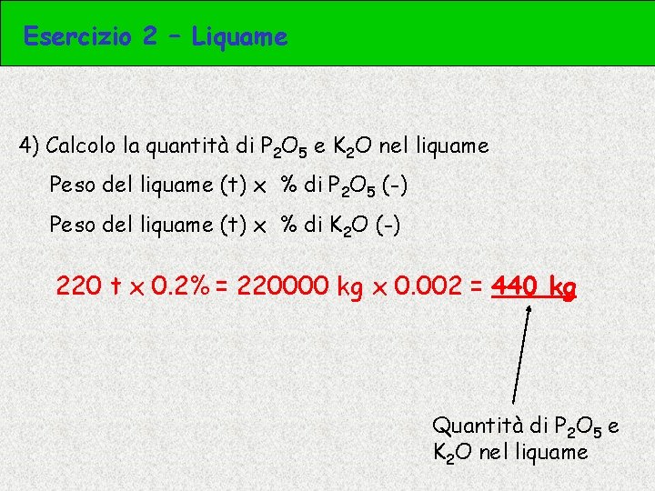 Esercizio 2 – Liquame 4) Calcolo la quantità di P 2 O 5 e