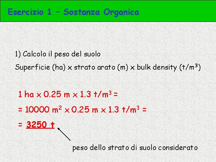 Esercizio 1 – Sostanza Organica 1) Calcolo il peso del suolo Superficie (ha) x