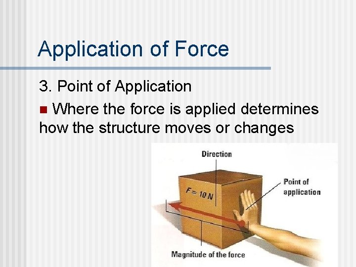 Application of Force 3. Point of Application n Where the force is applied determines Application of Force 3. Point of Application n Where the force is applied determines
