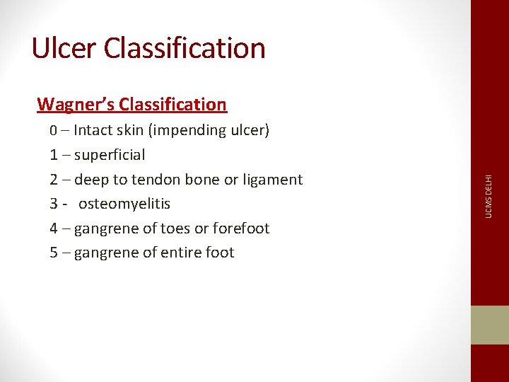 Ulcer Classification Wagner’s Classification 1 – superficial 2 – deep to tendon bone or