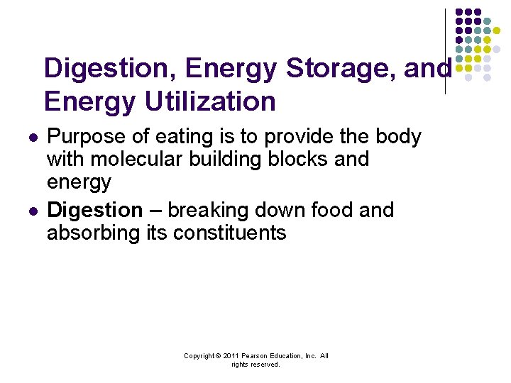 Digestion, Energy Storage, and Energy Utilization l l Purpose of eating is to provide