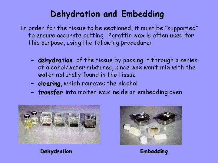 Dehydration and Embedding In order for the tissue to be sectioned, it must be