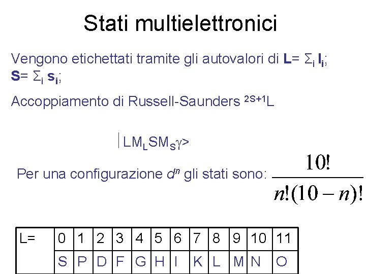 Stati multielettronici Vengono etichettati tramite gli autovalori di L= Σi li; S= Σi si;