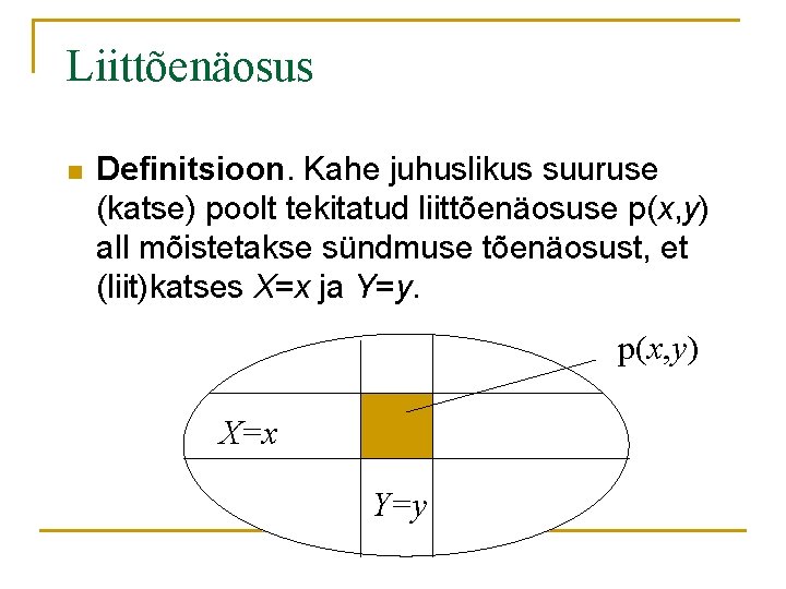 Liittõenäosus n Definitsioon. Kahe juhuslikus suuruse (katse) poolt tekitatud liittõenäosuse p(x, y) all mõistetakse