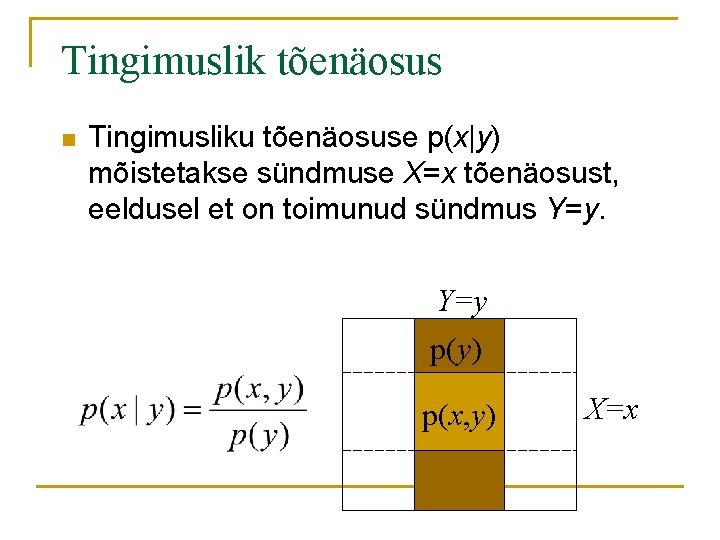 Tingimuslik tõenäosus n Tingimusliku tõenäosuse p(x|y) mõistetakse sündmuse X=x tõenäosust, eeldusel et on toimunud