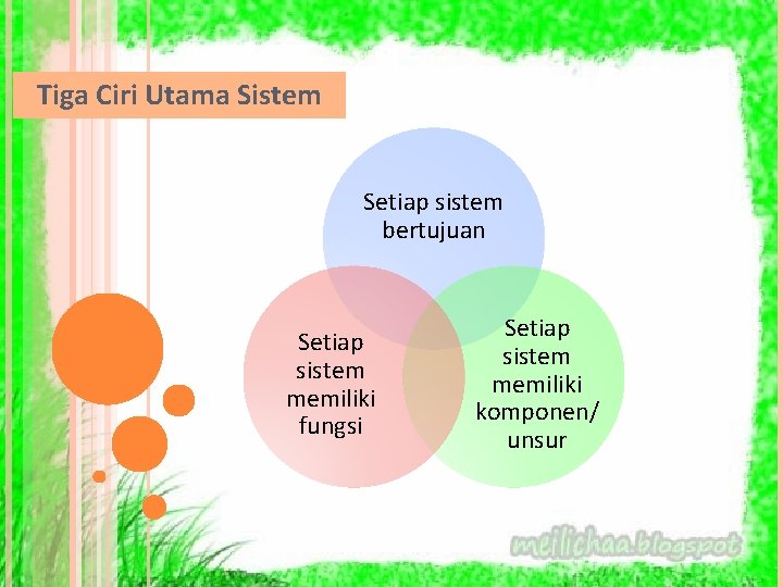Tiga Ciri Utama Sistem Setiap sistem bertujuan Setiap sistem memiliki fungsi Setiap sistem memiliki
