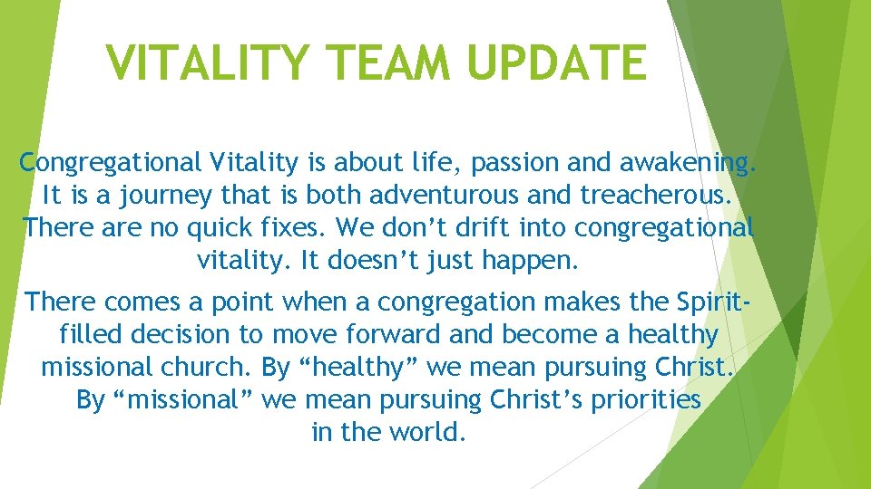 VITALITY TEAM UPDATE Congregational Vitality is about life, passion and awakening. It is a