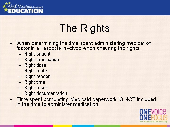 The Rights • When determining the time spent administering medication factor in all aspects