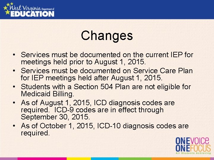 Changes • Services must be documented on the current IEP for meetings held prior