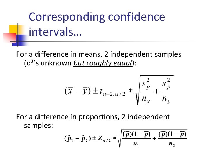 Corresponding confidence intervals… For a difference in means, 2 independent samples (σ2’s unknown but