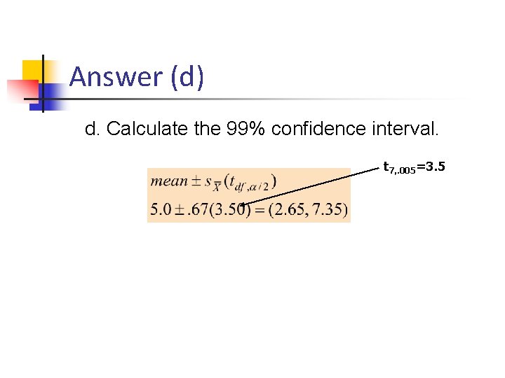 Answer (d) d. Calculate the 99% confidence interval. t 7, . 005=3. 5 