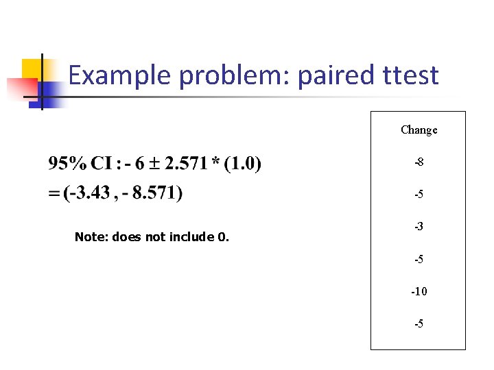 Example problem: paired ttest Change -8 -5 Note: does not include 0. -3 -5