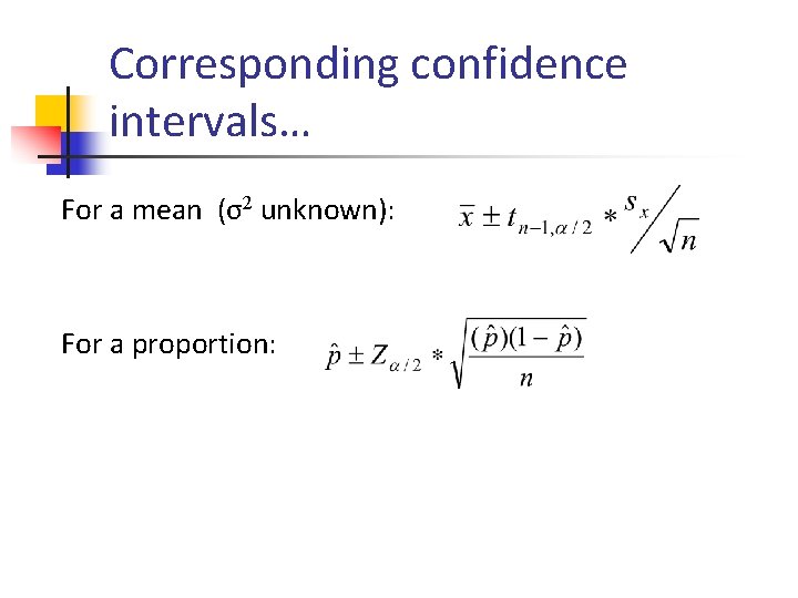 Corresponding confidence intervals… For a mean (σ2 unknown): For a proportion: 
