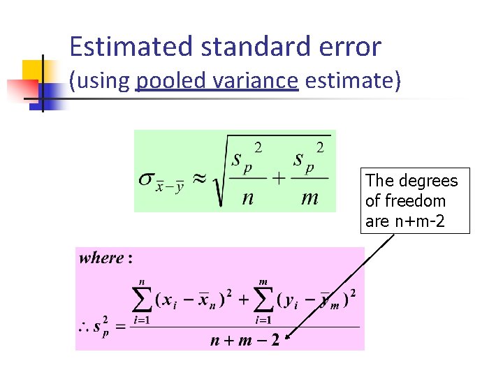 Estimated standard error (using pooled variance estimate) The degrees of freedom are n+m-2 