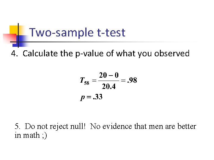 Two-sample t-test 4. Calculate the p-value of what you observed 5. Do not reject