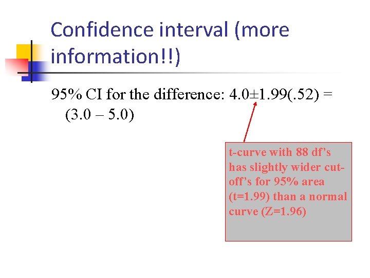 Confidence interval (more information!!) 95% CI for the difference: 4. 0± 1. 99(. 52)