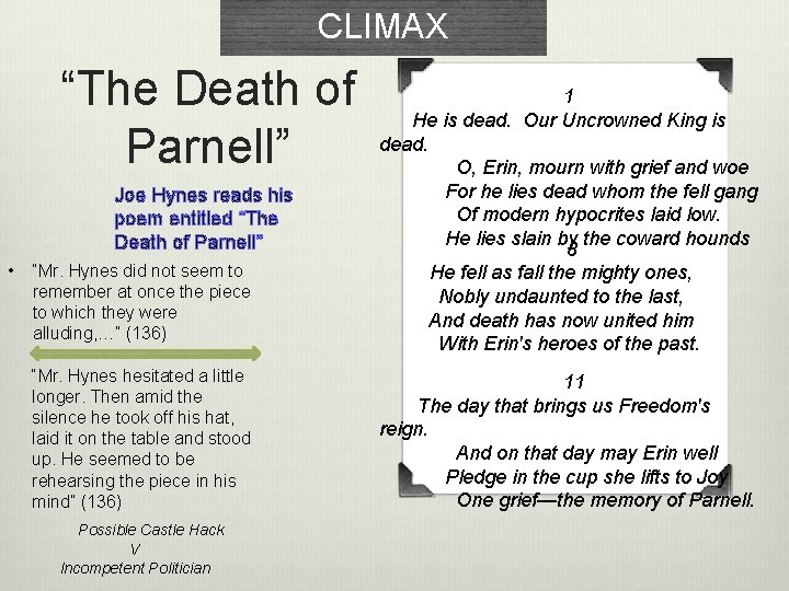 CLIMAX 1 “The Death of He is dead. Our Uncrowned King is dead. Parnell”