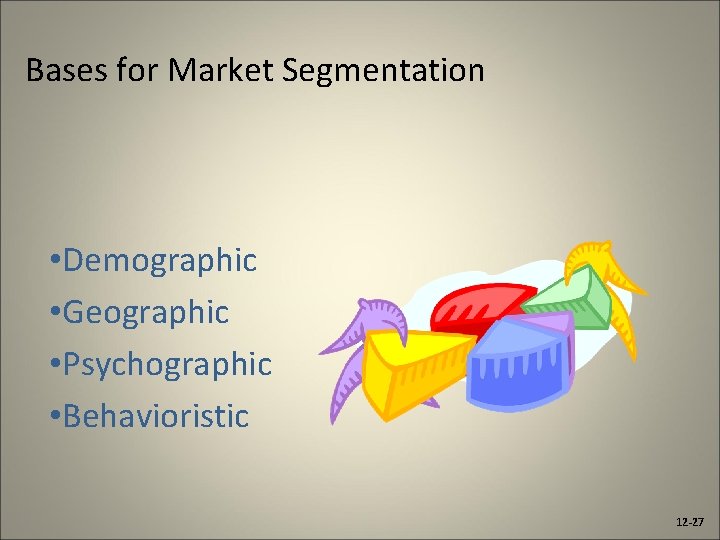 Bases for Market Segmentation • Demographic • Geographic • Psychographic • Behavioristic 12 -27