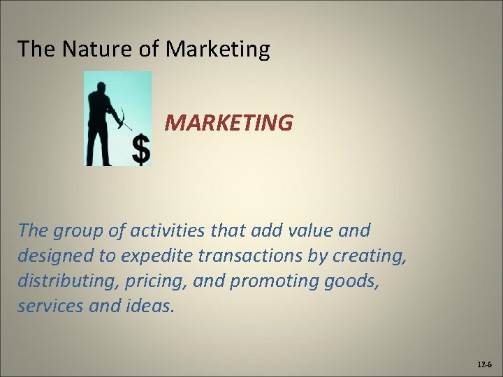 The Nature of Marketing MARKETING The group of activities that add value and designed