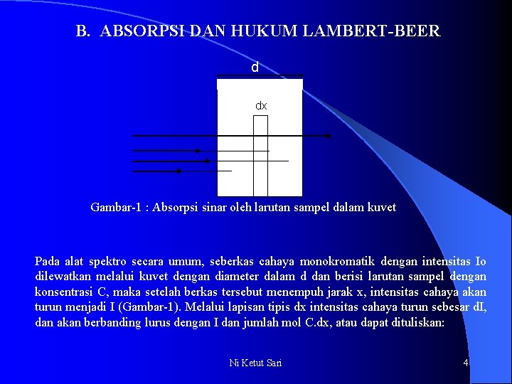 B. ABSORPSI DAN HUKUM LAMBERT-BEER d dx Gambar-1 : Absorpsi sinar oleh larutan sampel