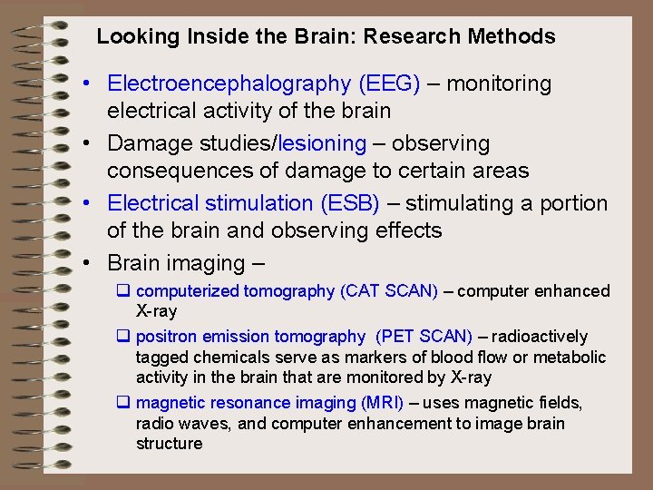 Looking Inside the Brain: Research Methods • Electroencephalography (EEG) – monitoring electrical activity of