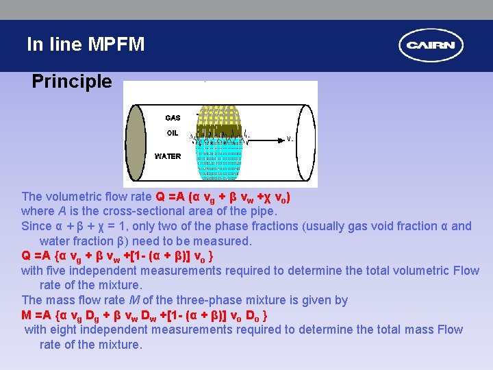 In line MPFM Principle The volumetric flow rate Q =A (α vg + β