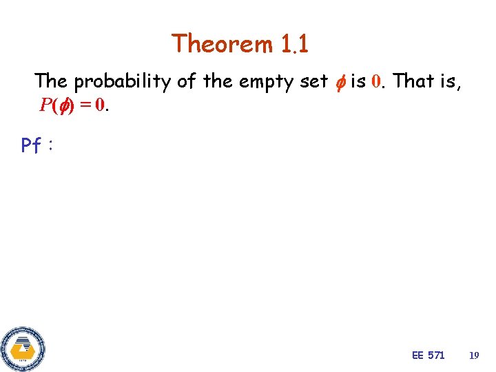 Theorem 1. 1 The probability of the empty set is 0. That is, P(