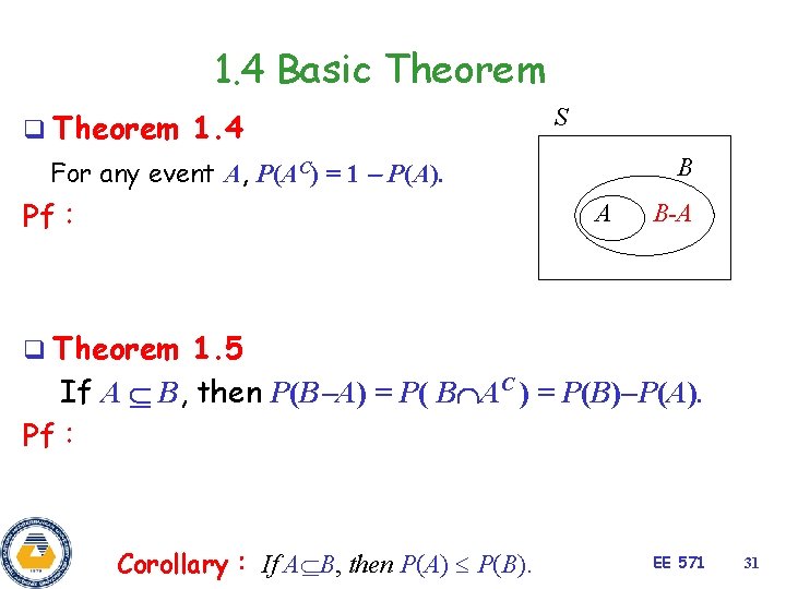 1. 4 Basic Theorem q Theorem 1. 4 S B For any event A,