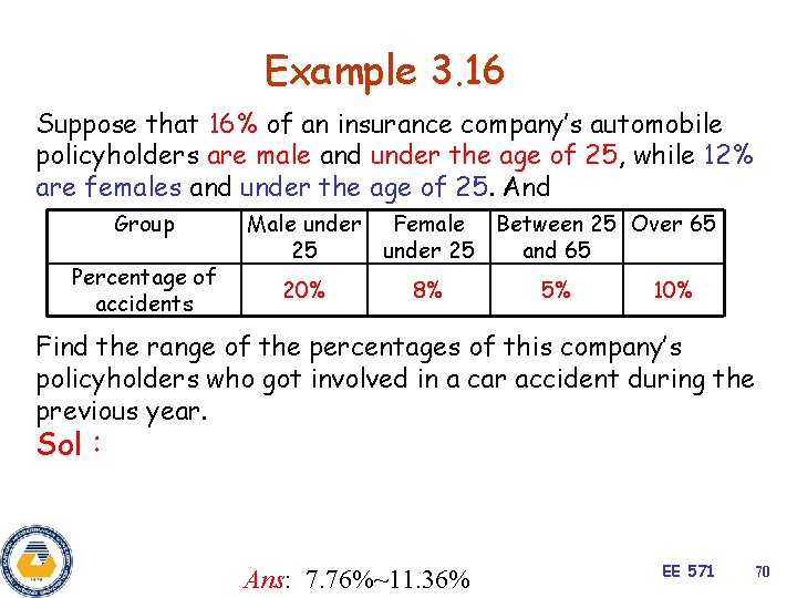 Example 3. 16 Suppose that 16% of an insurance company’s automobile policyholders are male