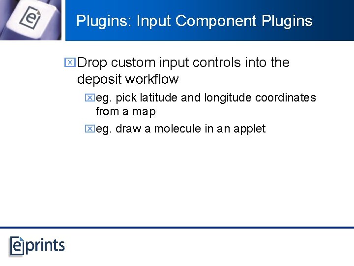 Plugins: Input Component Plugins x Drop custom input controls into the deposit workflow xeg.