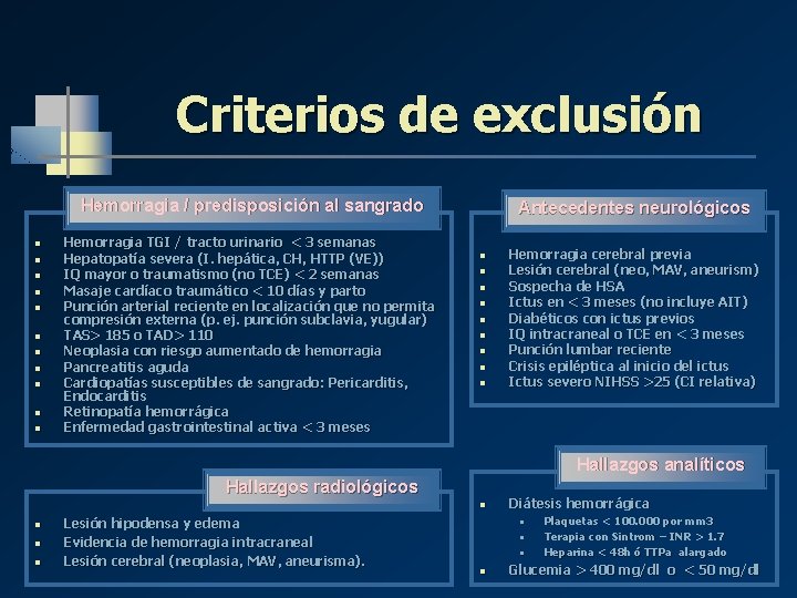 Criterios de exclusión Hemorragia / predisposición al sangrado n n n Hemorragia TGI /